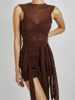 Bangniweigou Ribbon Wrap Up Draped Mesh See Through Bandage Dress Women Mummy Tie Up Bodycon High Waist Short Brown Dresses