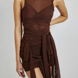 Bangniweigou Ribbon Wrap Up Draped Mesh See Through Bandage Dress Women Mummy Tie Up Bodycon High Waist Short Brown Dresses