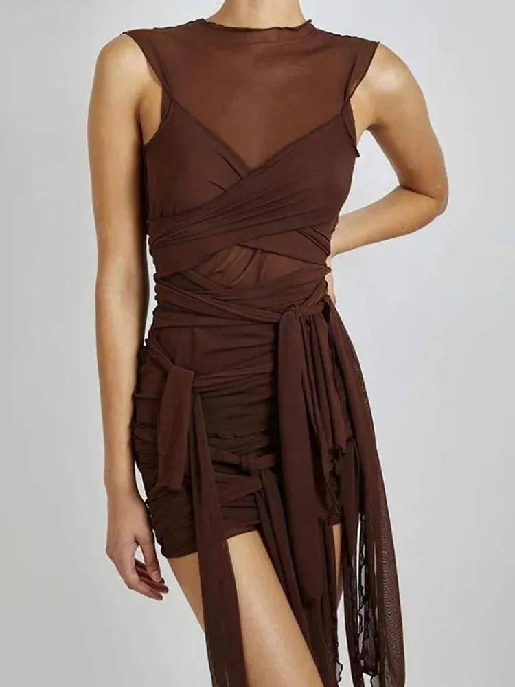 Bangniweigou Ribbon Wrap Up Draped Mesh See Through Bandage Dress Women Mummy Tie Up Bodycon High Waist Short Brown Dresses