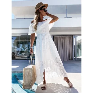 White Lace Trim Boho Off-Shoulder Maxi Dress Women Sexy Strapless Beach Vacation Sundress S-XL