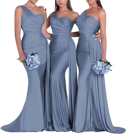 One Shoulder Mermaid Bridesmaid Dresses Corset Back Formal Evening - Image 13