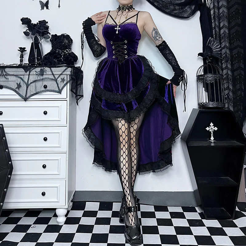 High Low Cut Swallow Tail Lace Bodice Dress Strap Y2K Corset Bustier Women Sexy Dark Gothic Costume Sling Strap Sleeveless Dress - Image 18