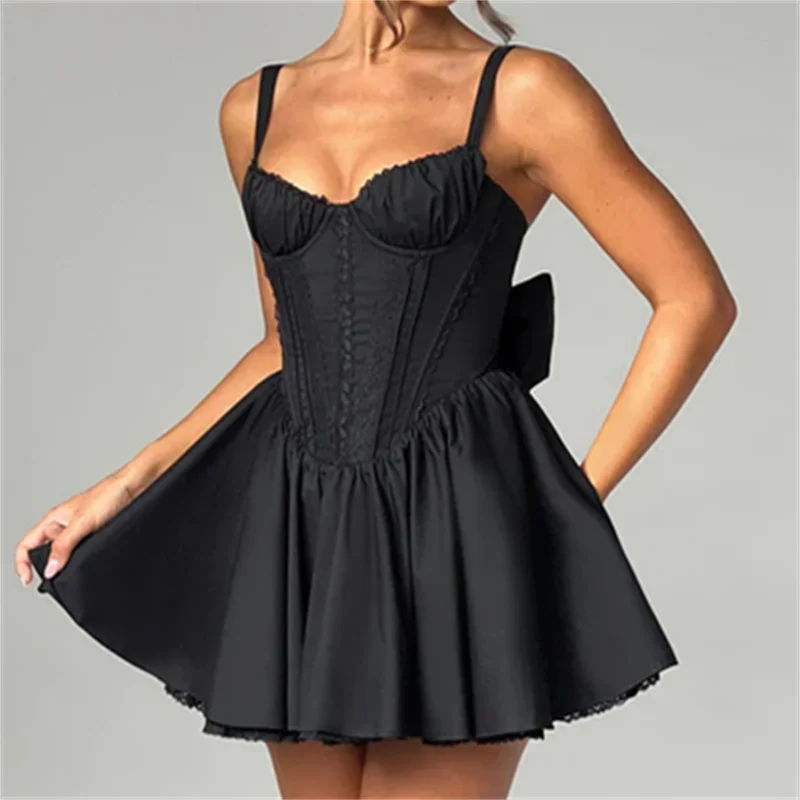 Bustier Corset Mini Dress Lace Trim Big Bow Tie Up Aline Ruffle Sundress White Graduation Party Dress Streetwear - Image 4