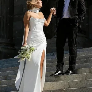 Satin Mermaid Prom Dresses Long Strapless Corset High Slit Ruched Formal Evening Gowns with Scarf