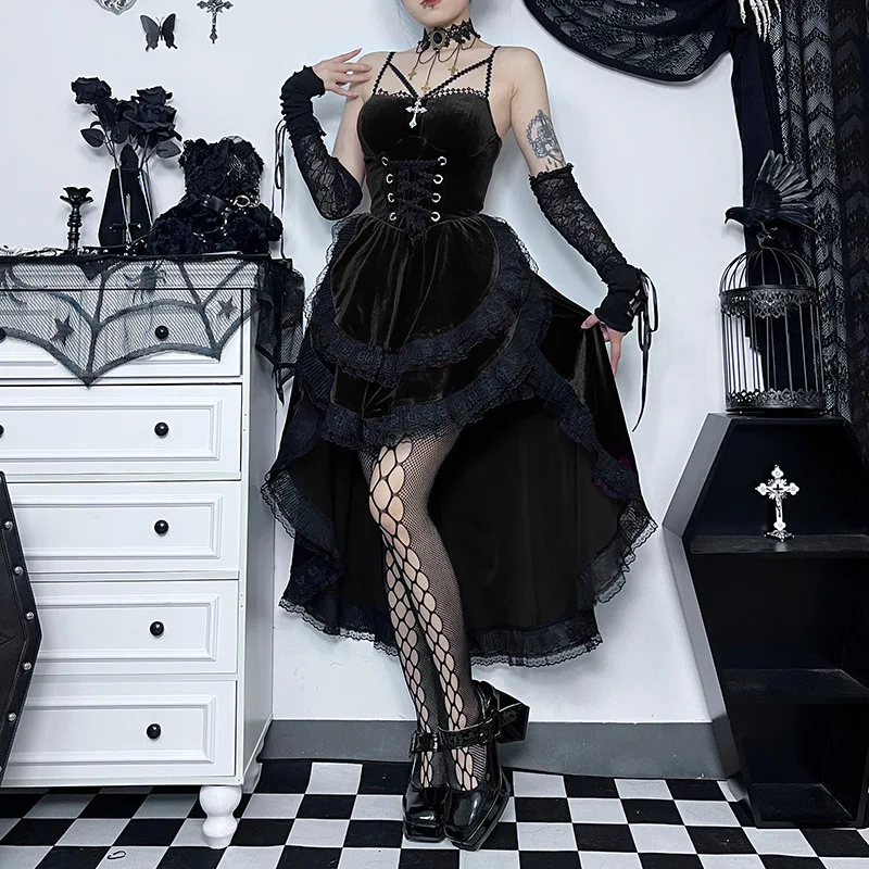 High Low Cut Swallow Tail Lace Bodice Dress Strap Y2K Corset Bustier Women Sexy Dark Gothic Costume Sling Strap Sleeveless Dress - Image 14