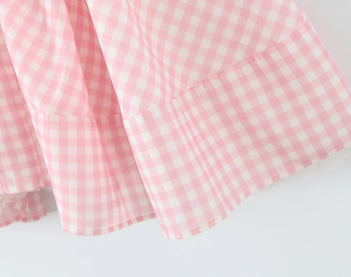 Pink Plaid Spliced White Lace Corset Style Mini Dress Women V Collar Short Sleeve Low Waist Ball Gown Swing Party Robe - Image 15