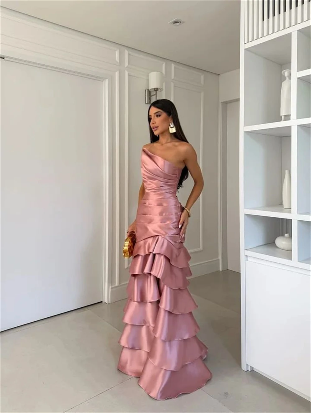 Pink Tiered Ruffle Mermaid Corset Evening Dress Sleeveless Strapless Floor-Length Silk Evening Gown for Formal Occasions - Image 3