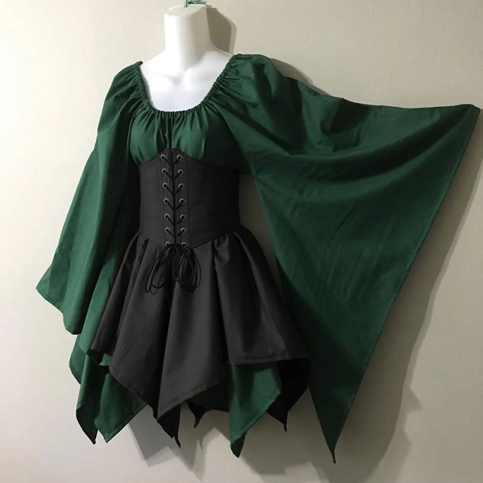 Women Retro Renaissance Medieval Dress Long Flare Sleeve Patchwork Maxi Dress with Corset Halloween Victorian Dress - Image 2