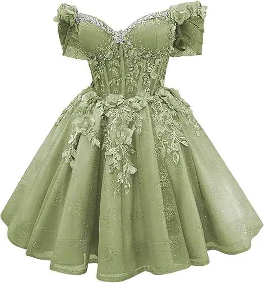 Robe de bal courte Celestia à corset et épaules dénudées, ornée de perles et de dentelle - Image 12