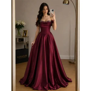 Burgundy, Satin, Off Shoulder, Corset Dress, A-Line, Prom Dress, Evening Dress, Beaded