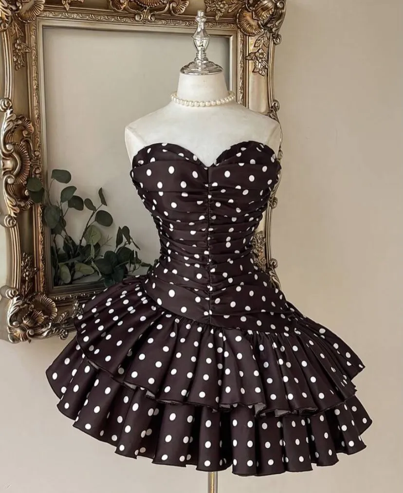 Black White Polka Dot Satin Strapless Mini Dress Sweetheart Ruched Corset Lace Up Back Tiered Ruffle Skirt Short Prom Gown - Image 6