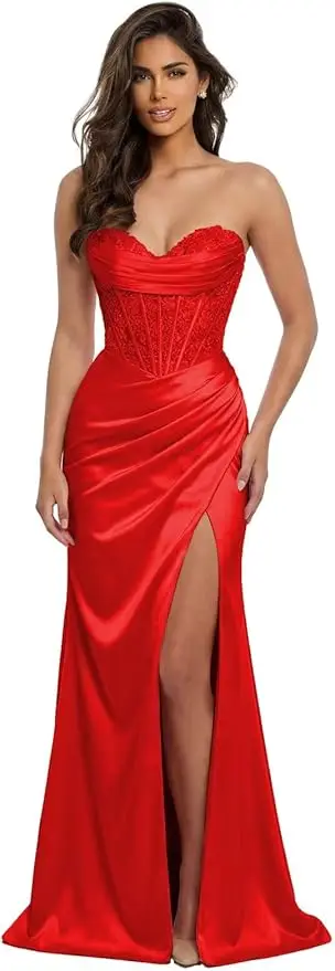 Pink Mermaid Prom Dresses Sweetheart Lace Strapless High Side Slit Formal Evening Party Gowns Corset - Image 15