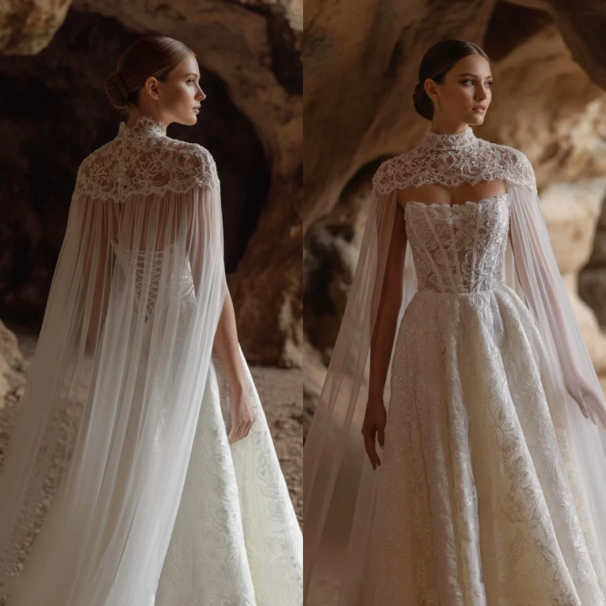 Gorgeous Lace High Neck Wedding Dress with Detachable Cloak A-Line Silhouette Floor-Length Tulle Bride Gown with Cap Sleeves