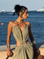 Sexy ress Halter Sleeveless Waist Hollow Out Solid Female Dresses 2026 Summer Vacation Beach Fashion Lady Robe