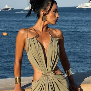 Sexy ress Halter Sleeveless Waist Hollow Out Solid Female Dresses 2026 Summer Vacation Beach Fashion Lady Robe