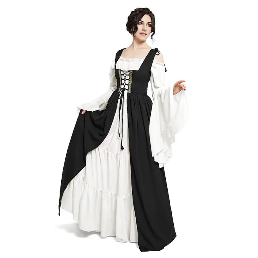 Medieval Court Style Long Sleeve Corset Dress with Off-Shoulder Batwing Sleeves and Flared Long Skirt - Image 3