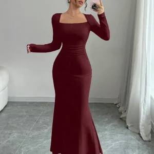 Long Sleeve Mermaid Maxi Dress, Side Ruched Bodycon Fitted Long Formal Evening
