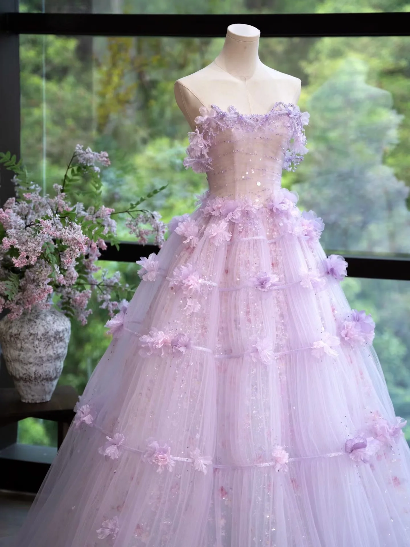 Lilac Sheer Glitter Tulle Ball Gown Strapless Sweetheart Corset Bodice Floral Tiered Ruffle Floor Length Princess Wedding Dre - Image 4