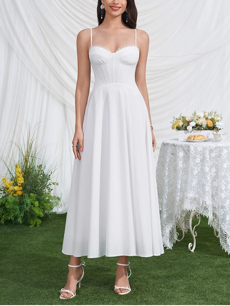 White Corset Wedding Midi Dress Elegant Summer Spaghetti Strap A-Line Bridal - Image 7