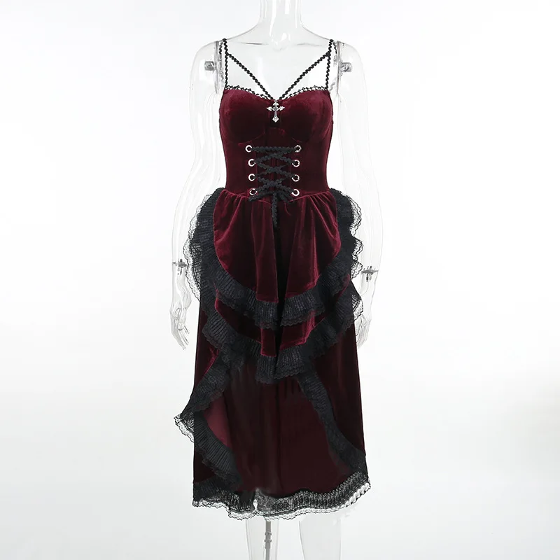 High Low Cut Swallow Tail Lace Bodice Dress Strap Y2K Corset Bustier Women Sexy Dark Gothic Costume Sling Strap Sleeveless Dress - Image 19