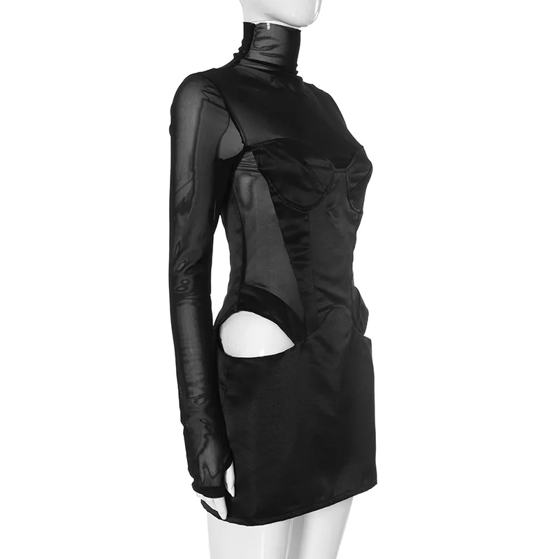 Robe Mesh Long Sleeve Mini Dress Party Evening Club Outfits Sexy Cut Out Corset Bodycon Dresses - Image 5