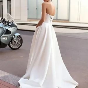 Strapless Simple Satin Corset Pleat Long Prom Dresses A Line Split Evenin