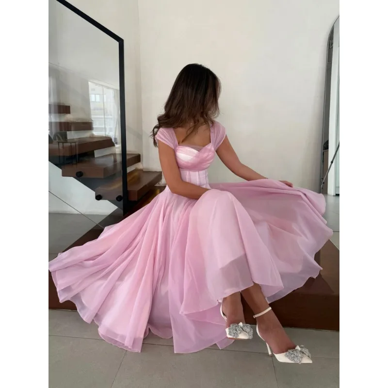 Summer Sexy Square Neck Corset Waist A-Line Tea-Length Dress for Wedding - Eye-Catching Gown for Women - Image 3