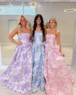A Line Strapless Prom Dresses for Teens 2026 Long Jacquard Satin Puffy Corset Floral Ball Gowns with Bow