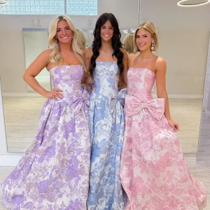 A Line Strapless Prom Dresses for Teens 2026 Long Jacquard Satin Puffy Corset Floral Ball Gowns with Bow