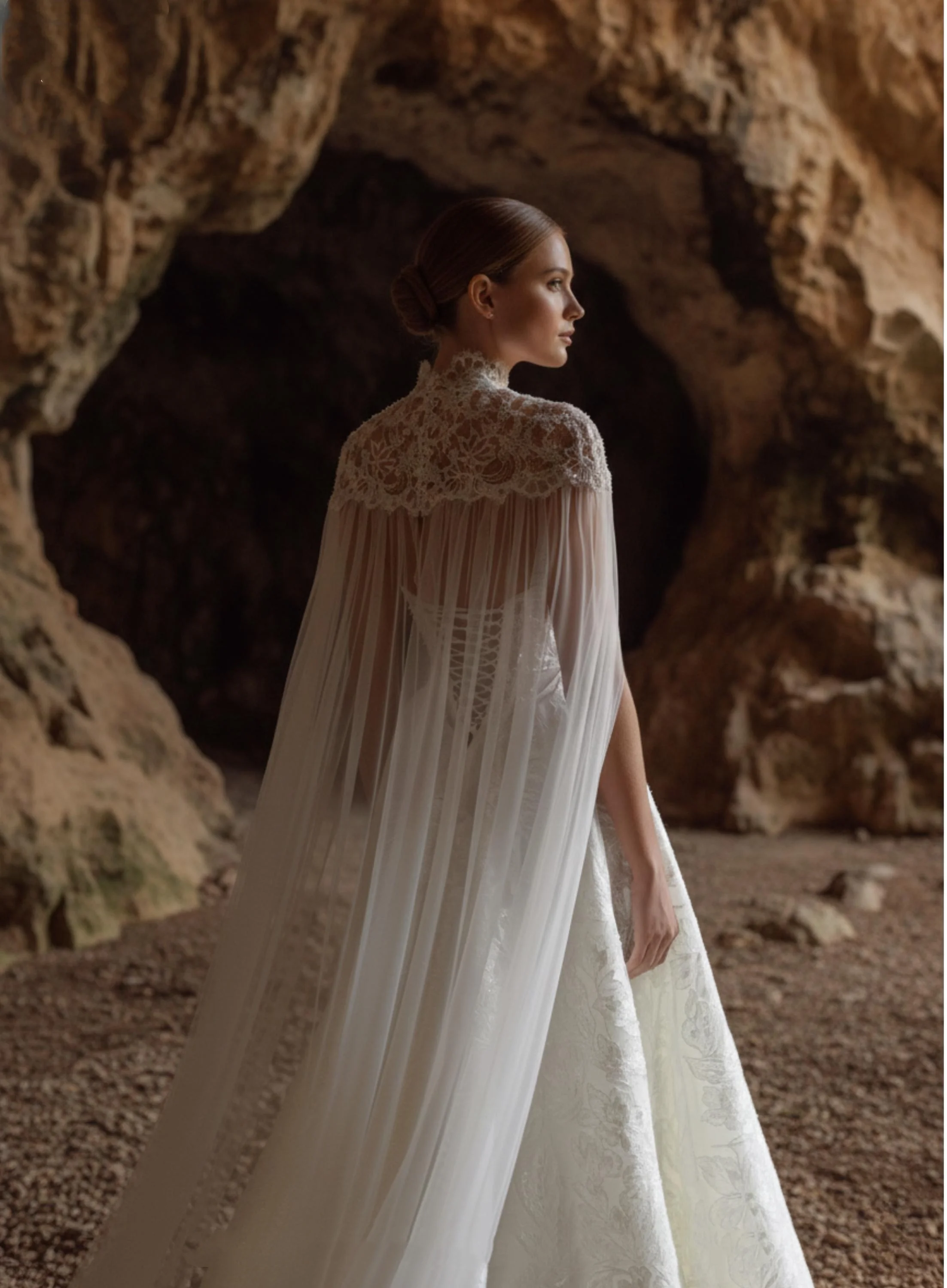 Gorgeous Lace High Neck Wedding Dress with Detachable Cloak A-Line Silhouette Floor-Length Tulle Bride Gown with Cap Sleeves - Image 4