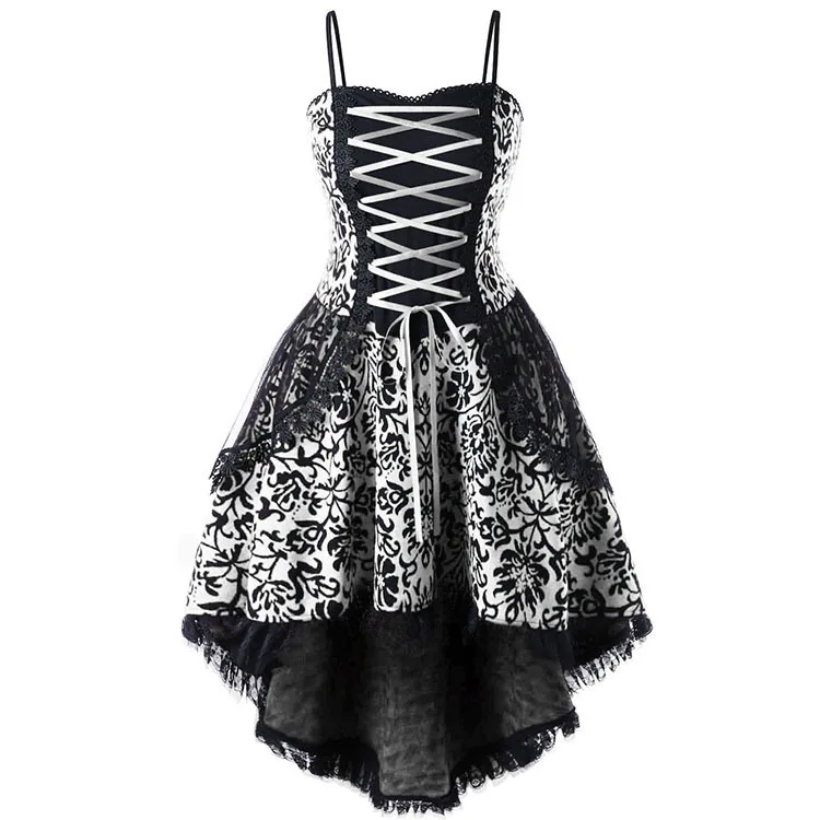 Gothic Red Black Floral Lace-Up Corset Dress | High Low Tulle Hem Spaghetti Strap Party Dress - Image 2