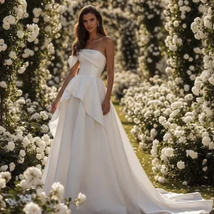 Elegant Strapless A-Line Wedding Dress with Court Train Zipper Back Bridal Gown Floor-Length Satin Modern Vintage Dress
