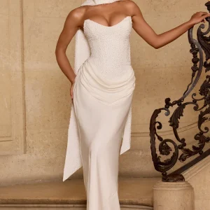 White Strapless Corset elegance Tube top Mermaid Wedding Dress with Beaded Bodice & Draped Skirt