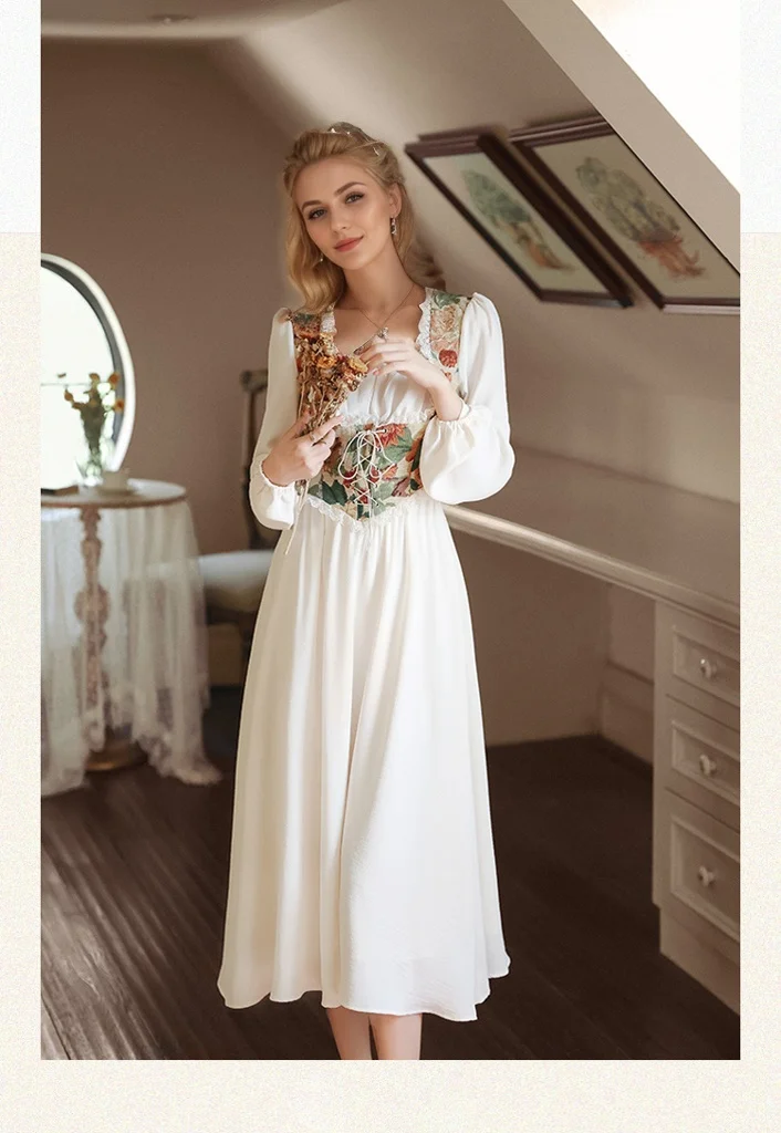 Elegant Cottage Style Princess Dresses Woman Vintage Chic Painting Corset Dress - Image 5