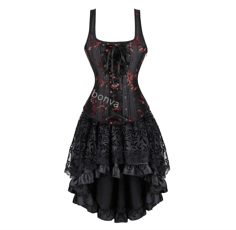 Red Corset Dress Women Skrit Set Shoulder Strap Lace Costume Party Sexy Burlesque Halloween Basques Outfit Plus Size Black - Image 7