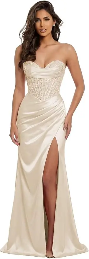 Pink Mermaid Prom Dresses Sweetheart Lace Strapless High Side Slit Formal Evening Party Gowns Corset - Image 7