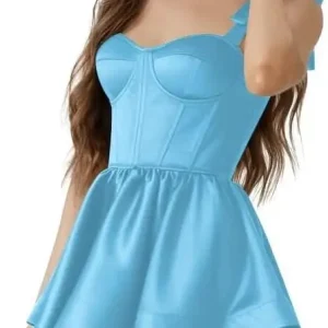 A-Line Ruffles Satin Homecoming Dress Short Mini Corset Bow Straps Off-Shoulder Prom Dress Sweetheart