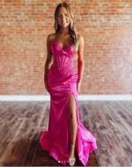Satin Prom Dress Side Slit Beaded Corset Strapless Long Appliques Evening Gown Sexy