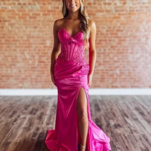 Satin Prom Dress Side Slit Beaded Corset Strapless Long Appliques Evening Gown Sexy