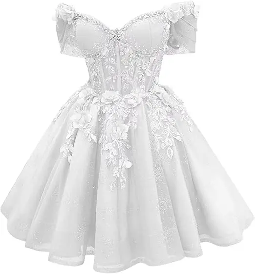 Robe de bal courte Celestia à corset et épaules dénudées, ornée de perles et de dentelle - Image 17