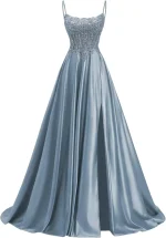 Stunning Dusty Blue Satin Prom Dress For Women Spaghetti Strap Lace Appliques Corset High Slit A Line Flare Formal Gown For Phot