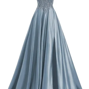 Stunning Dusty Blue Satin Prom Dress For Women Spaghetti Strap Lace Appliques Corset High Slit A Line Flare Formal Gown For Phot