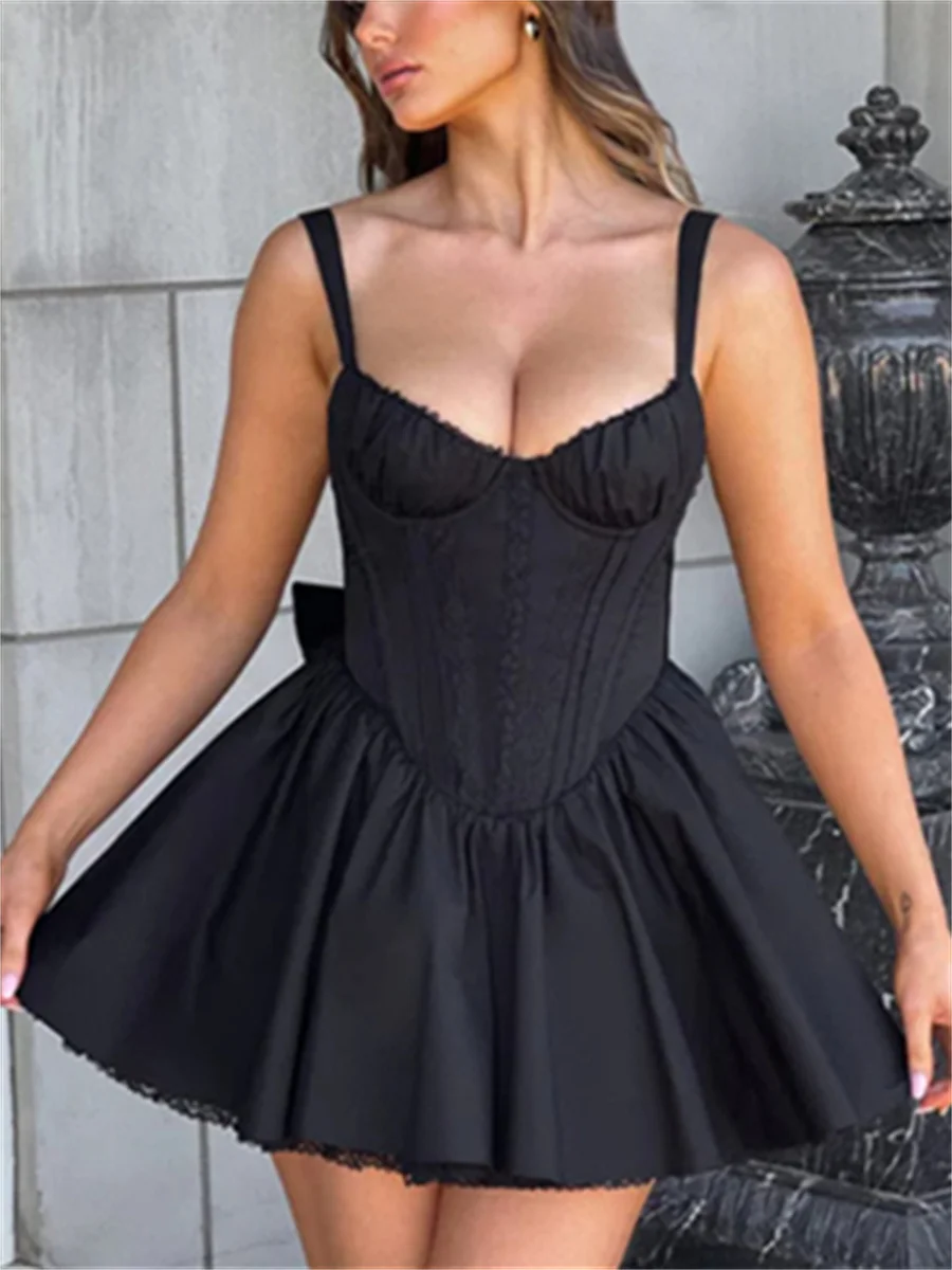 Bustier Corset Mini Dress Lace Trim Big Bow Tie Up Aline Ruffle Sundress White Graduation Party Dress Streetwear - Image 13