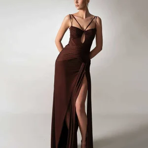 Sexy Sleeveless Spaghetti Strap Cut Out Folds Long Dress Women Brown Draped High Split Bodycon Runway Evening Maxi Party Dresses