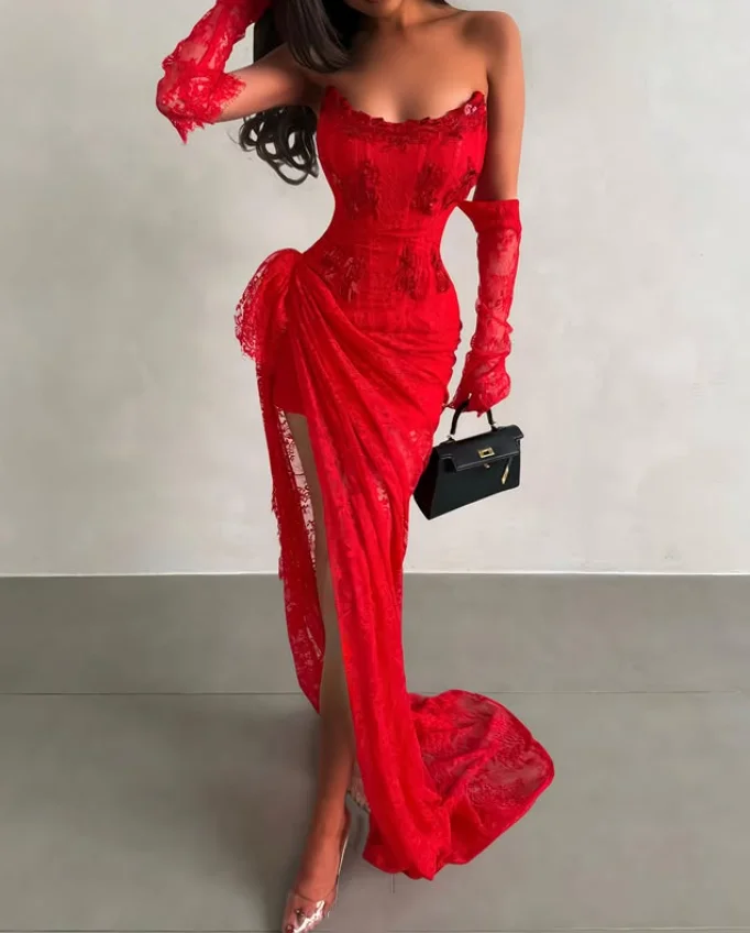 Red Lace Formal Evening Dress Strapless Corset Arabic Birthday Dress for Women Asymmetric Party Prom Dress - Image 3