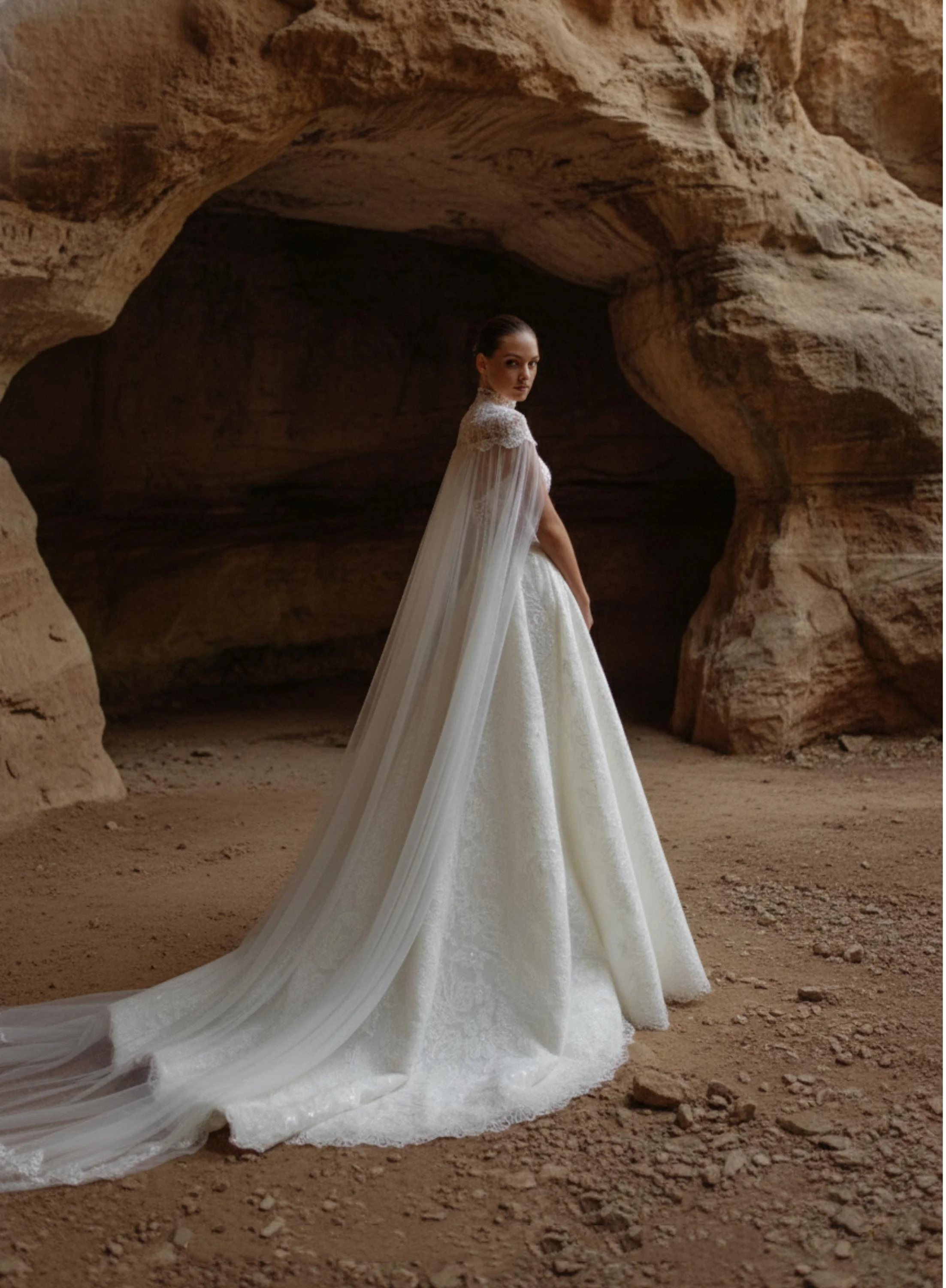 Gorgeous Lace High Neck Wedding Dress with Detachable Cloak A-Line Silhouette Floor-Length Tulle Bride Gown with Cap Sleeves - Image 3