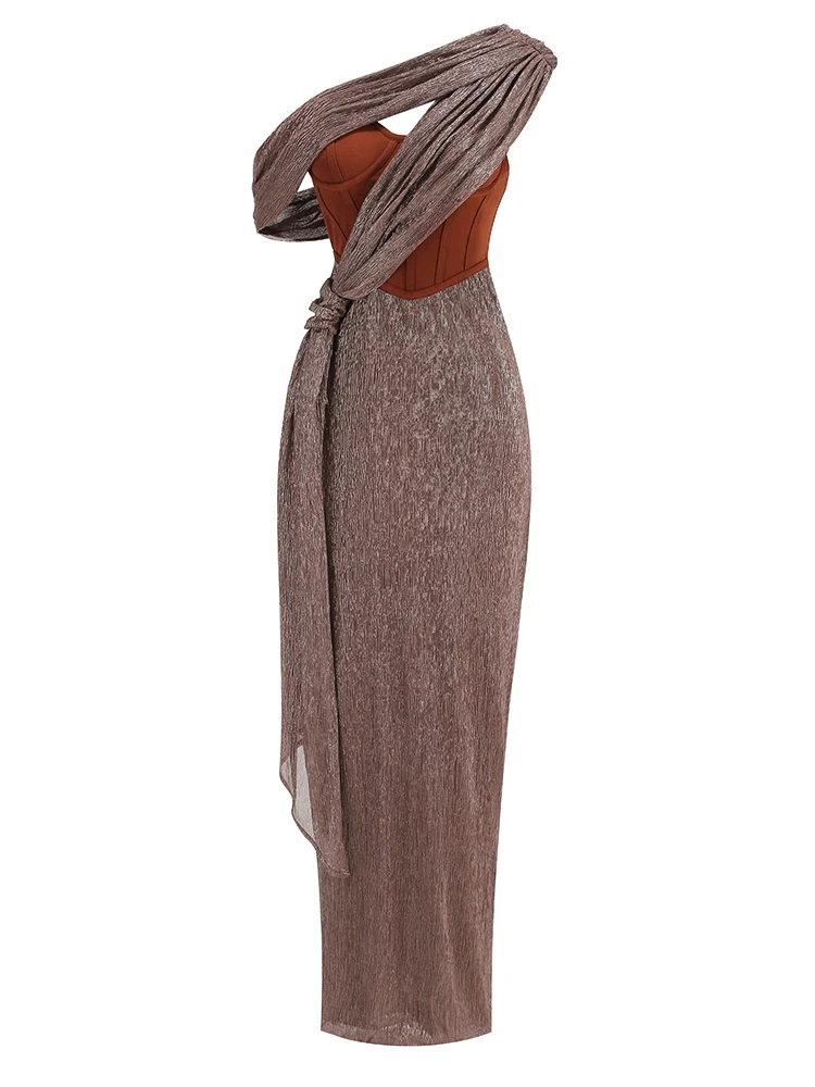 Long Dress Women Brown Corset Sparkly Backless Bodycon Maxi Dresses - Image 13