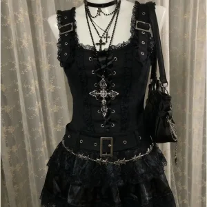Dress Women Dark Academia Jirai Kei Corset Tiered Ruffle Mini Dress Harajuku Streetwear