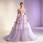 Lilac Sheer Glitter Tulle Ball Gown Strapless Sweetheart Corset Bodice Floral Tiered Ruffle Floor Length Princess Wedding Dre