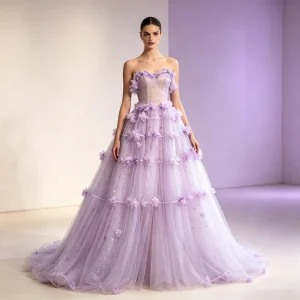 Lilac Sheer Glitter Tulle Ball Gown Strapless Sweetheart Corset Bodice Floral Tiered Ruffle Floor Length Princess Wedding Dre